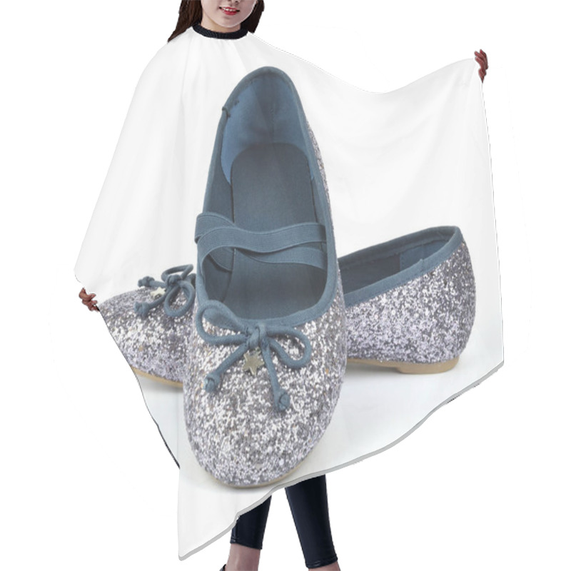 Personality  Shimmer Silver Blue Ballerina Flat Shoes With Crossed Elastic Drawstrings On White Background Hair Cutting Cape