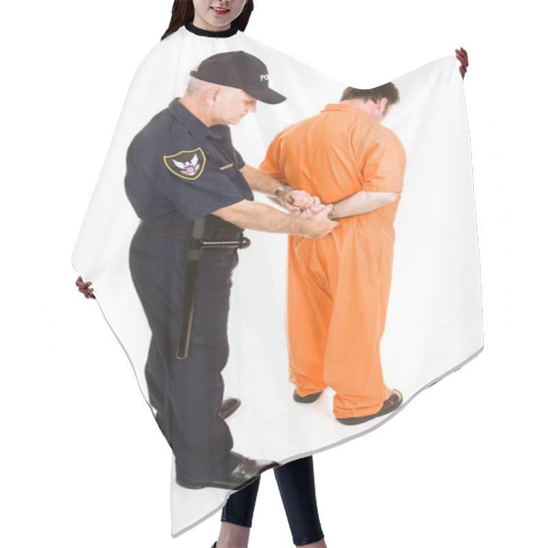 Personality  Prisoner Handcuffed By Policeman Hair Cutting Cape