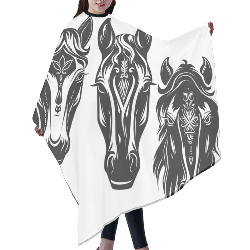 Personality  Artistic Black And White Illustration Of Three Horse Heads With Intricate Patterns. Hair Cutting Cape