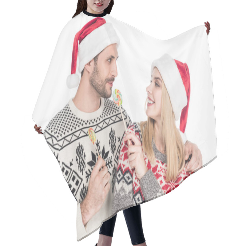 Personality  Portrait Of Caucasian Couple In Santa Claus Hats With Lollipops Isolated On White Hair Cutting Cape