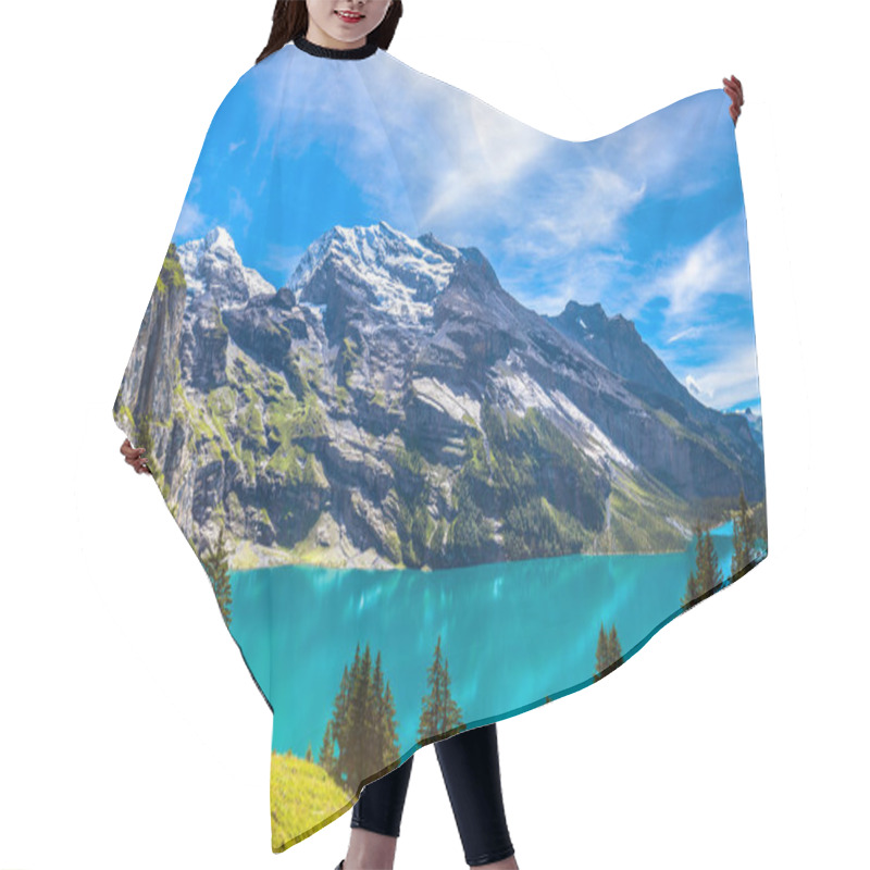 Personality  The Panorama In Summer View Over The Oeschinensee (Oeschinen Lake) And The Alps On The Other Side Near Kandersteg On Bernese Oberland In Switzerland. Hair Cutting Cape