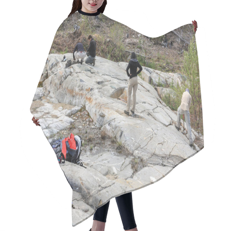 Personality  SUDBURY, ONTARIO, CANADA - MAY 23 2009: Group Of Workers And Geologists Standing And Working On Geological Outcrop Site. Hair Cutting Cape