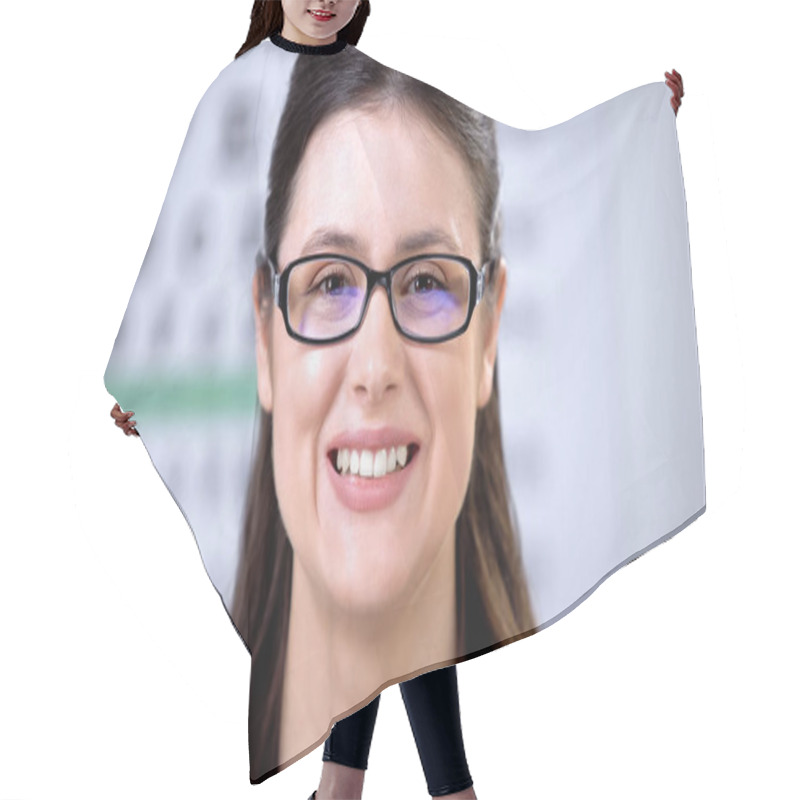 Personality  Smiling Woman Enjoying Good Vision In New Eyeglasses, Optical Store, Health Hair Cutting Cape