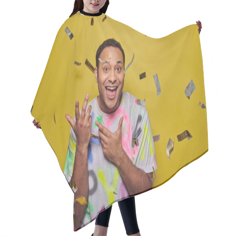 Personality  Excited Indian Man Smiling Near Falling Confetti On Yellow Backdrop, Party Concept, Merry Event Hair Cutting Cape