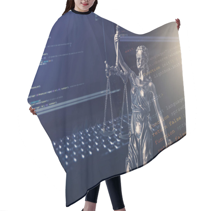 Personality  Justice Statue With Code On Monitor Device In Background Hair Cutting Cape