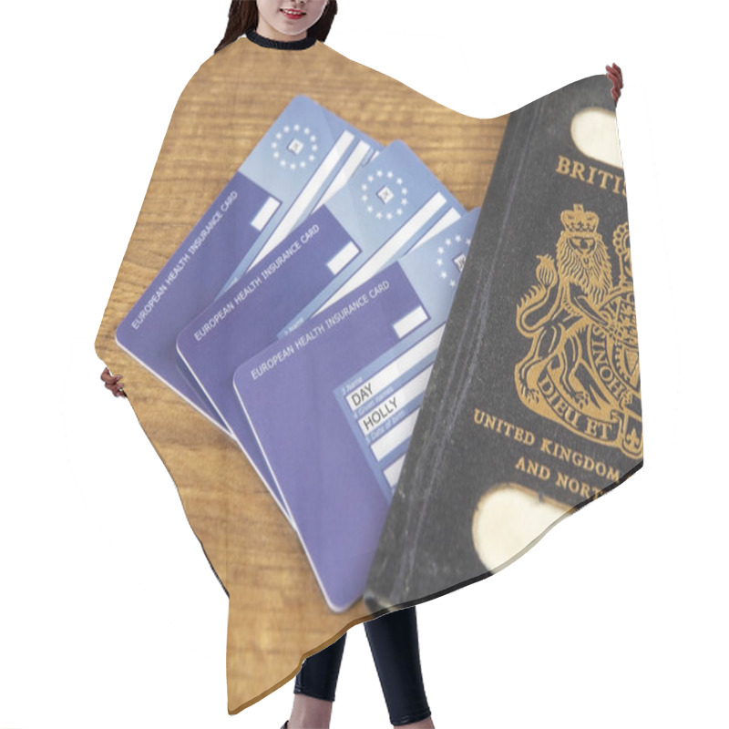 Personality  Old Black British Passport With European Health Insurance Cards Hair Cutting Cape