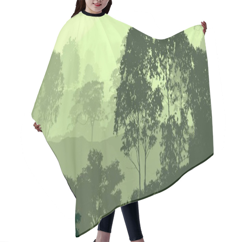 Personality  2d Illustration. Trees In Fog. Deep Forest Haze. Hills Covered By Plants And Foliage. Shrubs And Bushes. Deciduous Wood.  Hair Cutting Cape