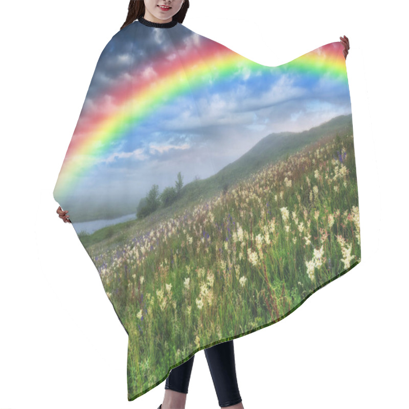 Personality  Rainbow Over The River. Picturesque Spring Meadow. Before The Storm Hair Cutting Cape