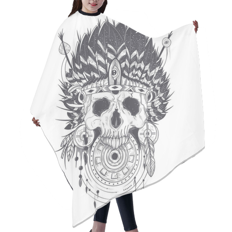 Personality  Vector Illustration Of A Human Skull In An Indian Feather Hat, Tattoo Template Hair Cutting Cape