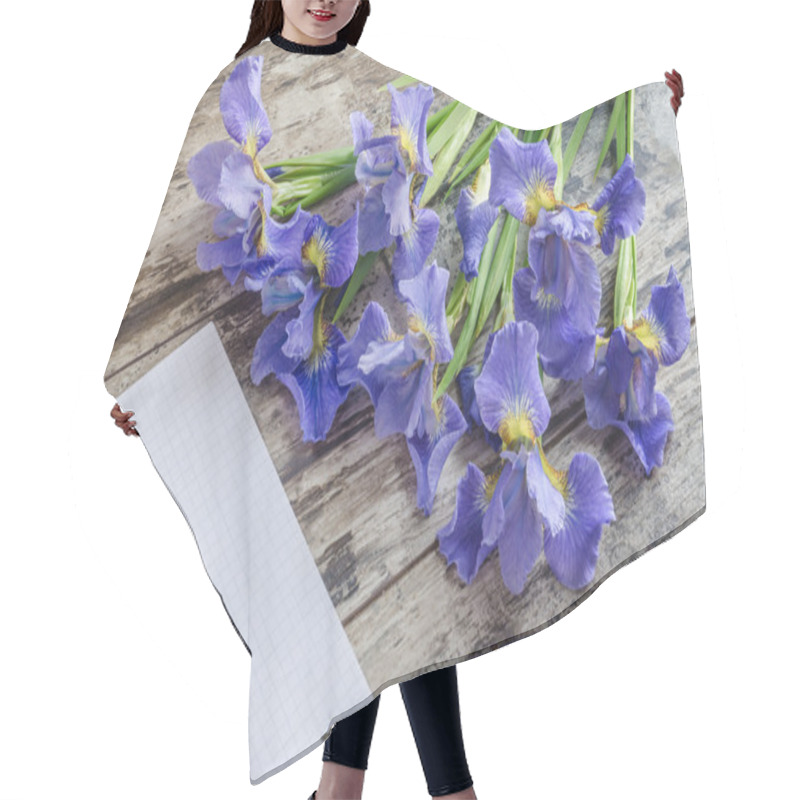 Personality  Bouquet Blueflag Or Iris Flower On Wooden Background Hair Cutting Cape