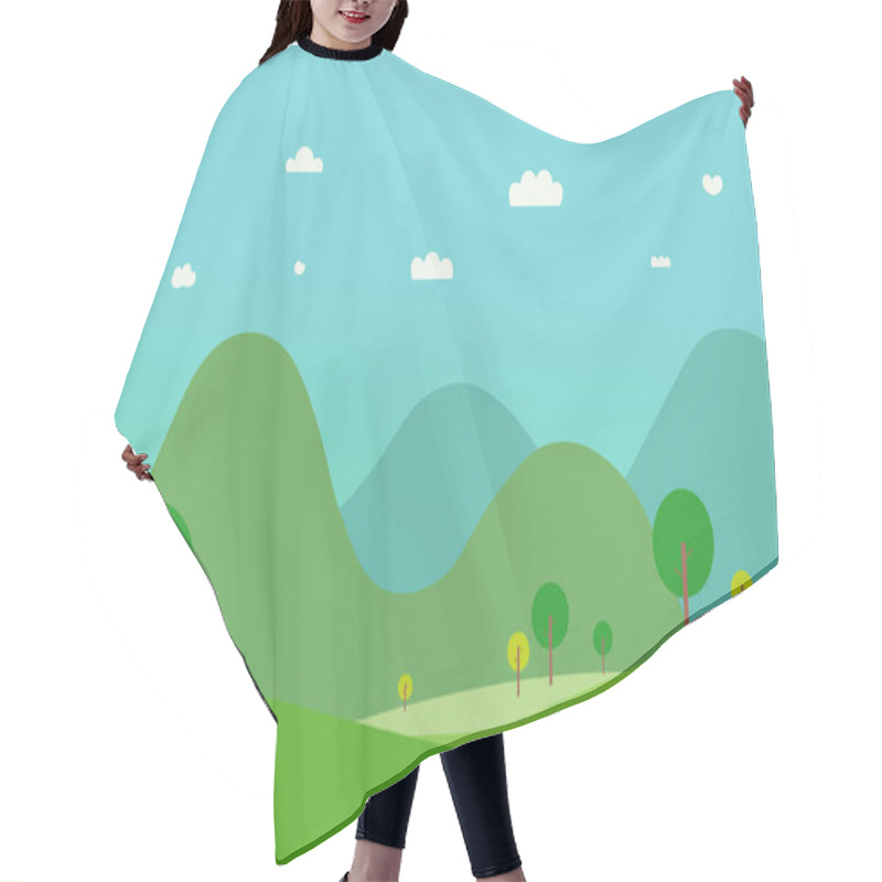 Personality  Nature Green Hills Landscape With Mountain.Vector Illustration.Rural Scene Flat Design.Spring Garden With Sky Background Hair Cutting Cape