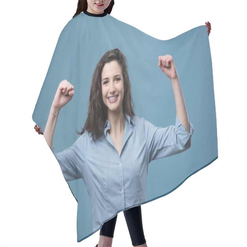 Personality  Cheerful Woman With Raised Fists Hair Cutting Cape