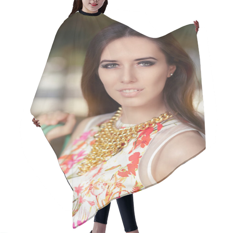 Personality  Stylish Woman Wearing Floral Dress, Necklace And Purse Hair Cutting Cape