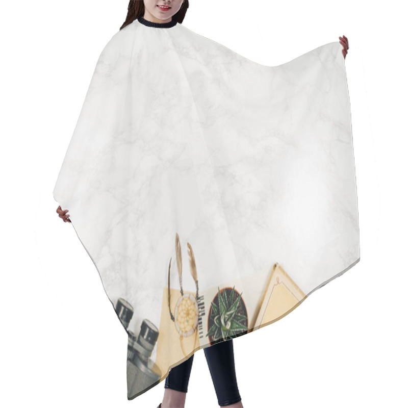 Personality  Travel Accessories Top View White Marble Background With Copy Space Hair Cutting Cape