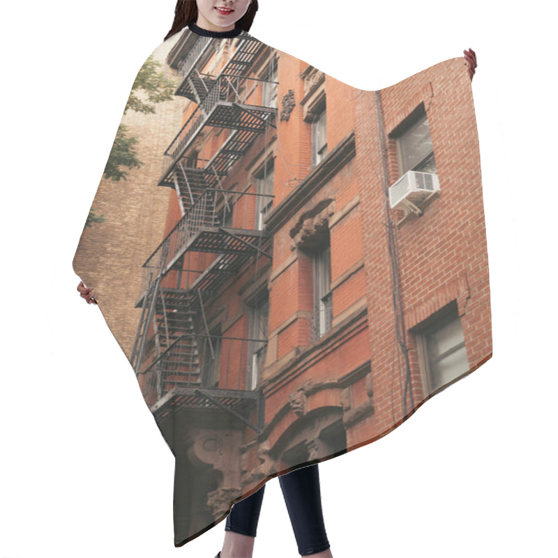 Personality  Low Angle View Of Brick Building With Metal Balconies And Fire Escape Ladders In New York City Hair Cutting Cape