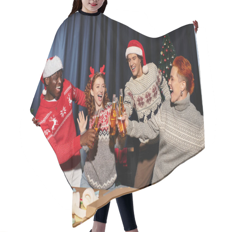 Personality  Festive Coworkers Laugh And Toast With Drinks, Embracing The Joyful Spirit Of Christmas Together. Hair Cutting Cape