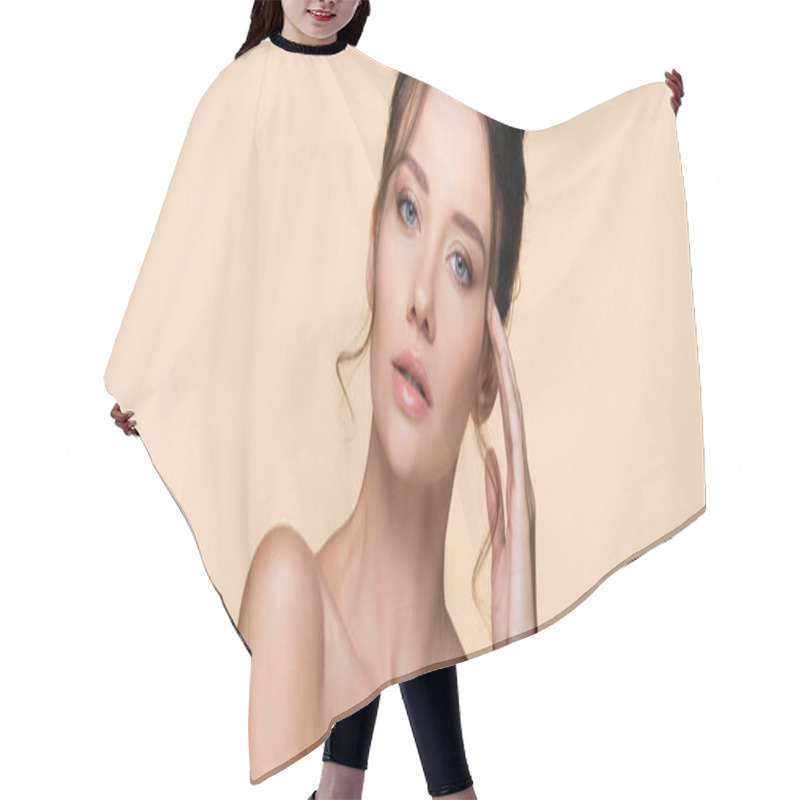 Personality  Pretty Model With Naked Shoulders Looking At Camera Isolated On Beige, Banner  Hair Cutting Cape