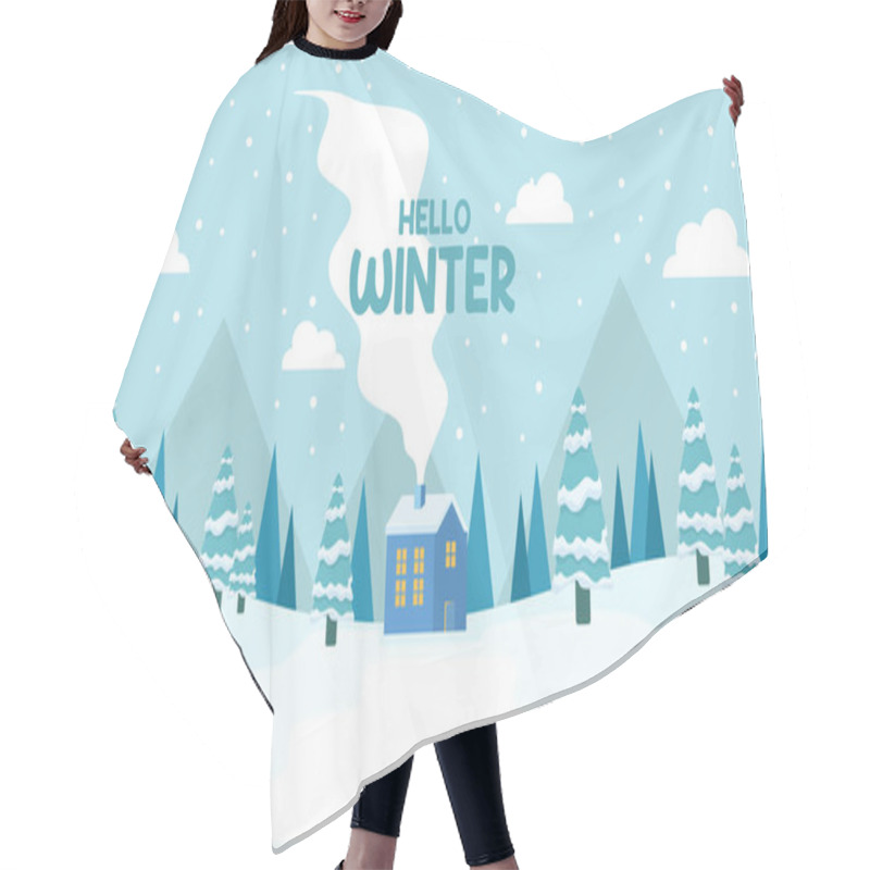 Personality  Cute Winter Landscape. Winter Banner. Lovely Houses In A Snowy Valley. Horizontal Landscape. Winter Cabin Illustration Hair Cutting Cape