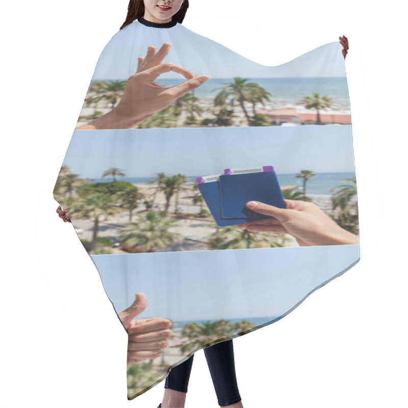 Personality  Collage Of Man Gesturing Like And Okay Signs And Holding Passports With Sea Coast At Background In Catalonia, Spain  Hair Cutting Cape