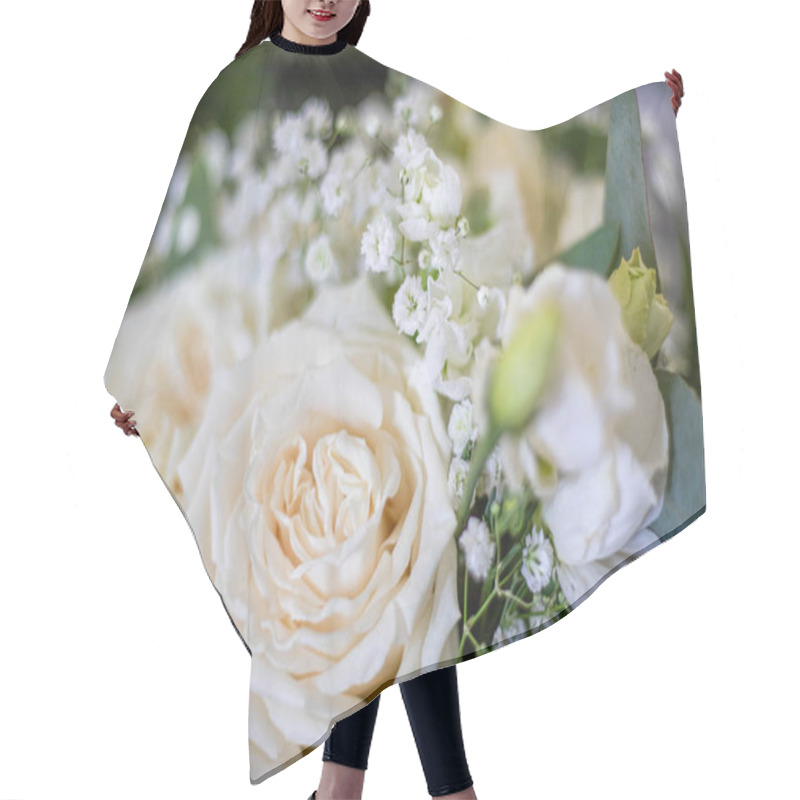 Personality  Close-up Of A Bridal Bouquet With White Roses And Baby's Breath Hair Cutting Cape