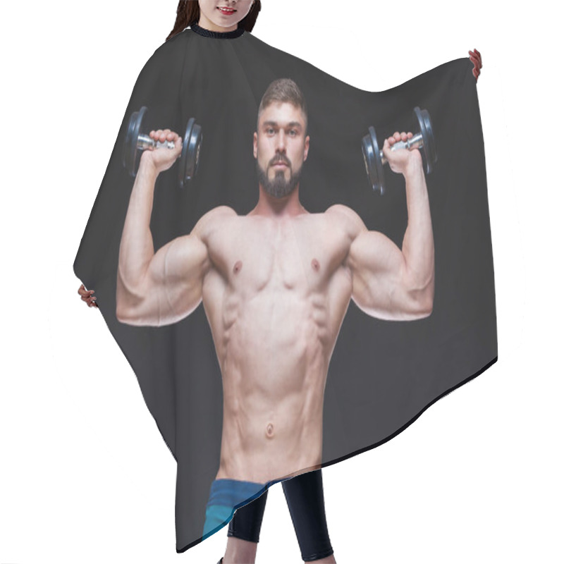 Personality  Muscular Bodybuilder Guy Doing Exercises With Dumbbell Over Black Background Hair Cutting Cape