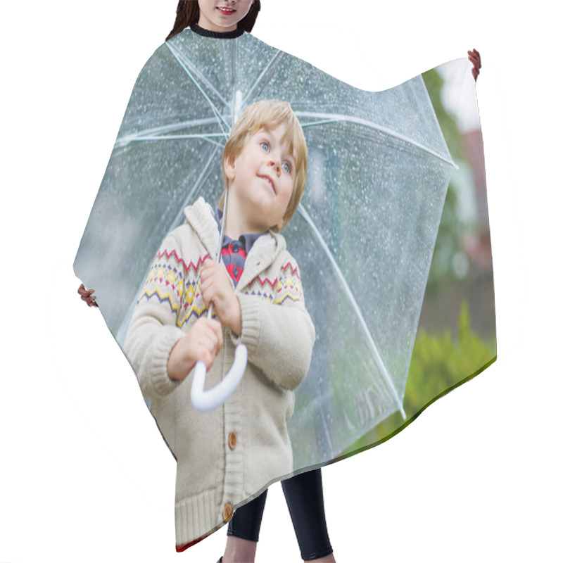 Personality  Little Blond Kid Boy Walking With Big Umbrella Outdoors Hair Cutting Cape