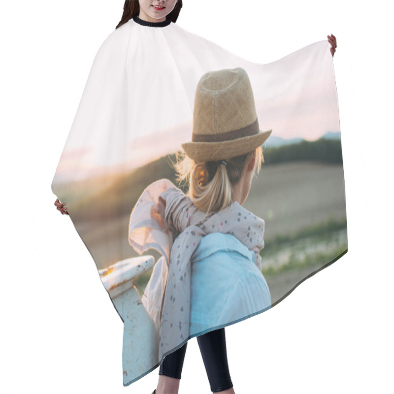 Personality  Back View Of Traveler Woman At Sunset Hair Cutting Cape