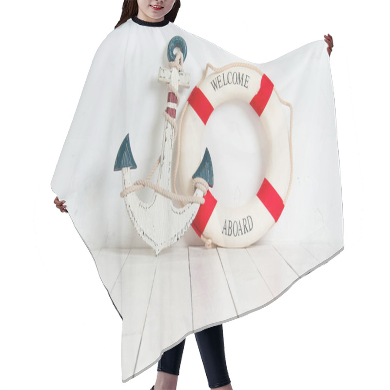 Personality  Anchor And Life Buoy On A White Wooden Floor Hair Cutting Cape