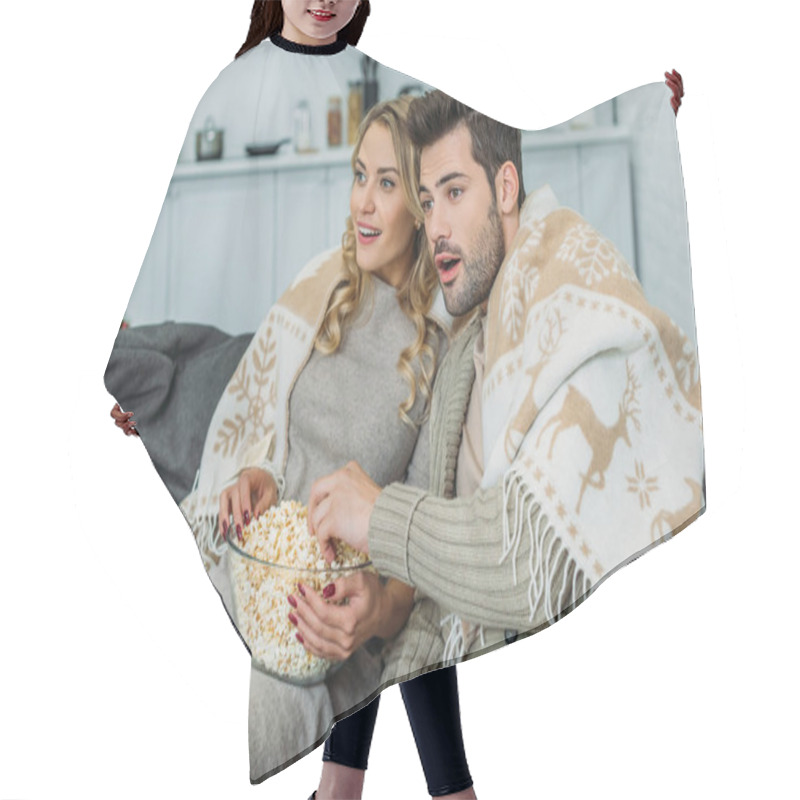 Personality  Excited Young Couple With Popcorn Watching Movie At Home Hair Cutting Cape