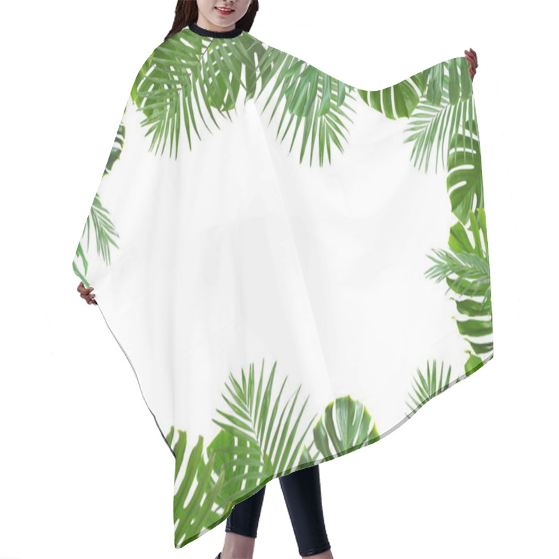 Personality  Frame Made Of Fresh Green Tropical Leaves On White Background. Space For Design Hair Cutting Cape