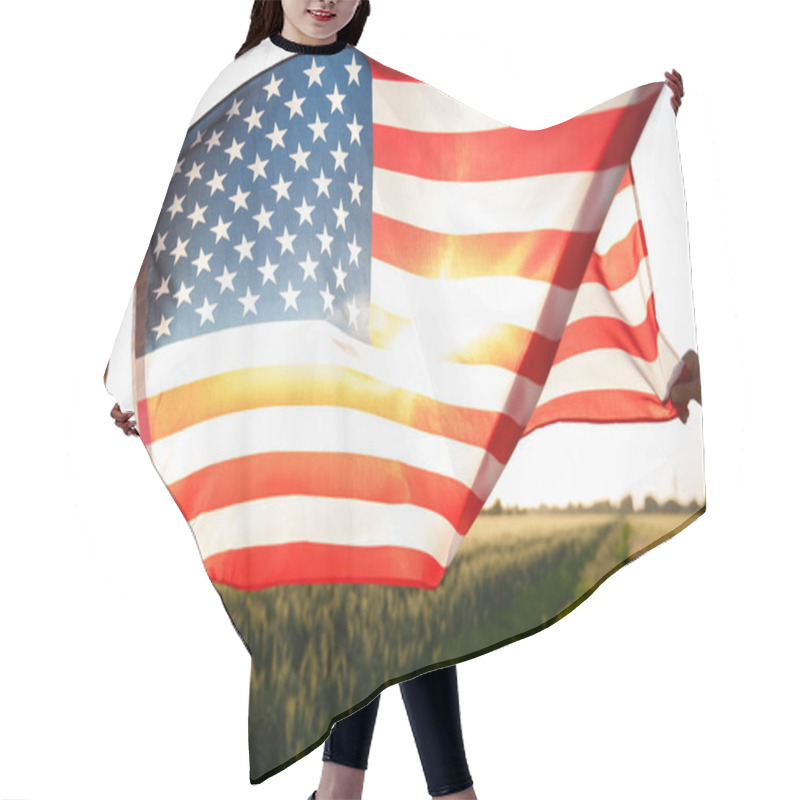 Personality  4th Of July. Fourth Of July. USA Flag Against Beautiful Landmark On Sunset. Independence Day Celebrating, American National Patriotic Holiday, Democracy And Veteran Respect Concept Hair Cutting Cape