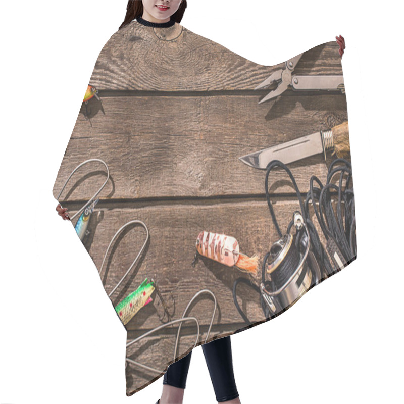 Personality  Accessories For Fishing On The Background Of Wood. Top View Hair Cutting Cape