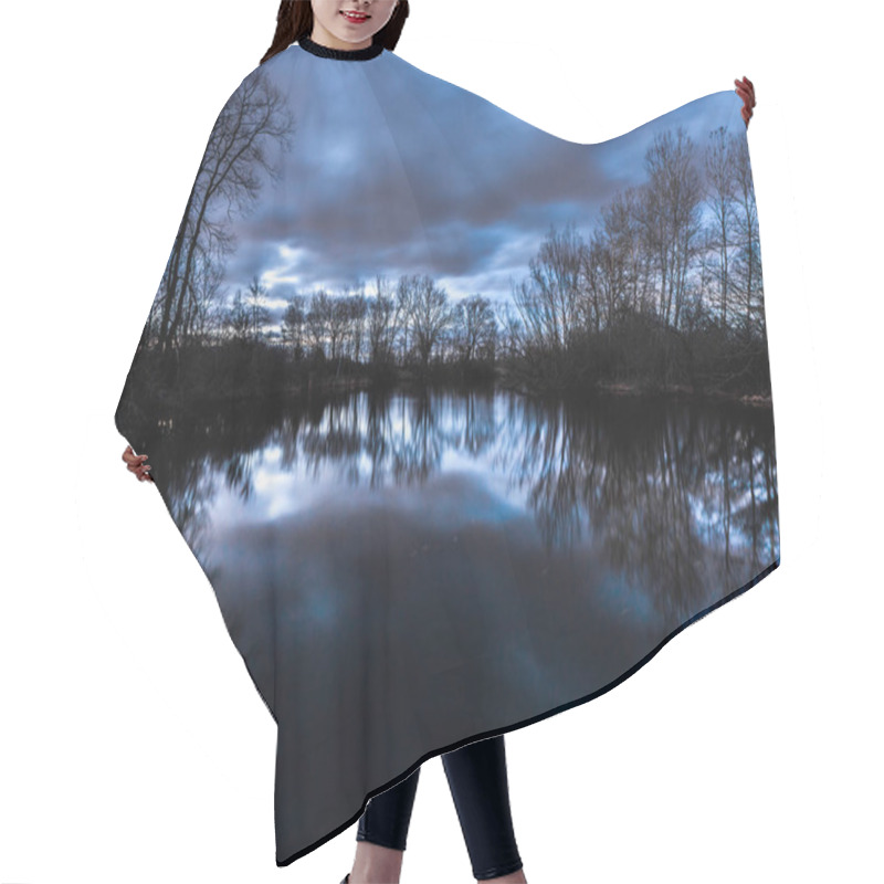 Personality  Fantastic Beautiful Long Exposure Sunset Photograph With Blue And Pink Clouds Above With Mirrored Reflection Of The Trees And Sky In The Calm Water Of A Pond In Wisconsin Making A Gorgeous Background. Hair Cutting Cape