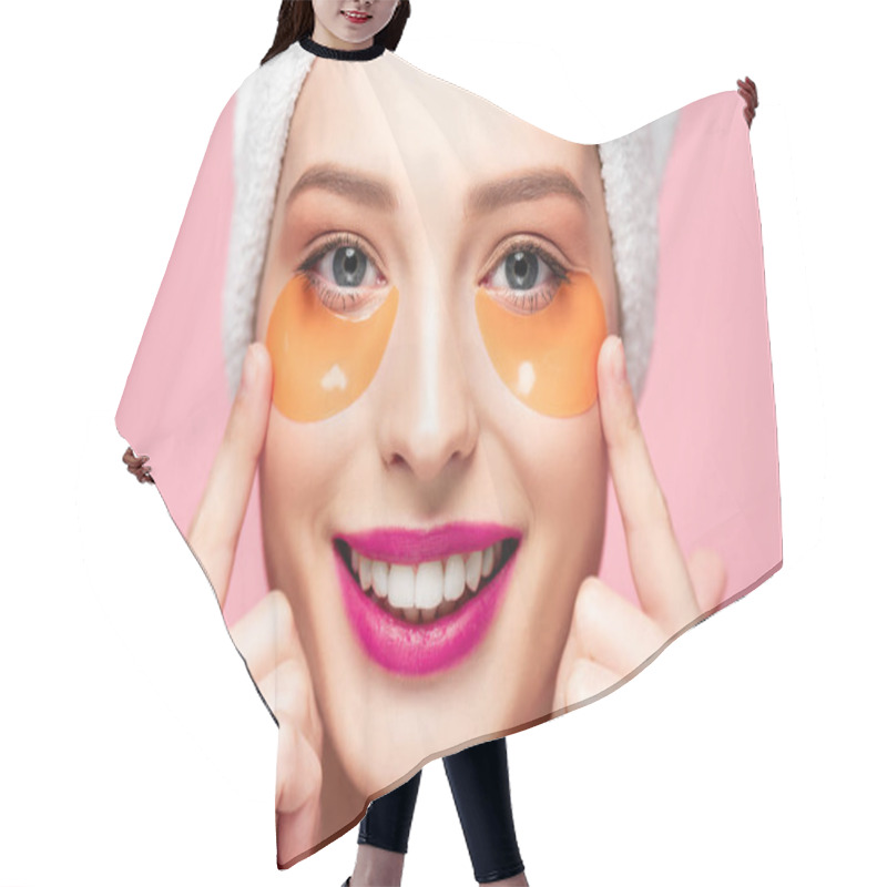 Personality  Smiling Girl Touching Face With Eye Patches Isolated On Pink  Hair Cutting Cape