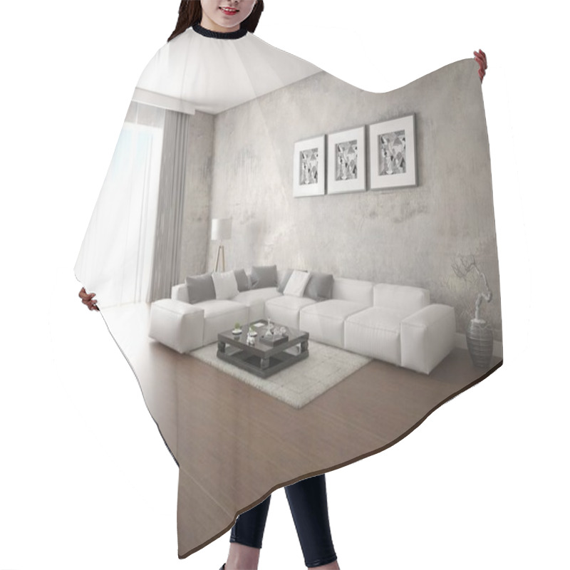 Personality  Mock Up The Original Living Room With A Large Corner Sofa And A Stylish Hipster Background. Hair Cutting Cape