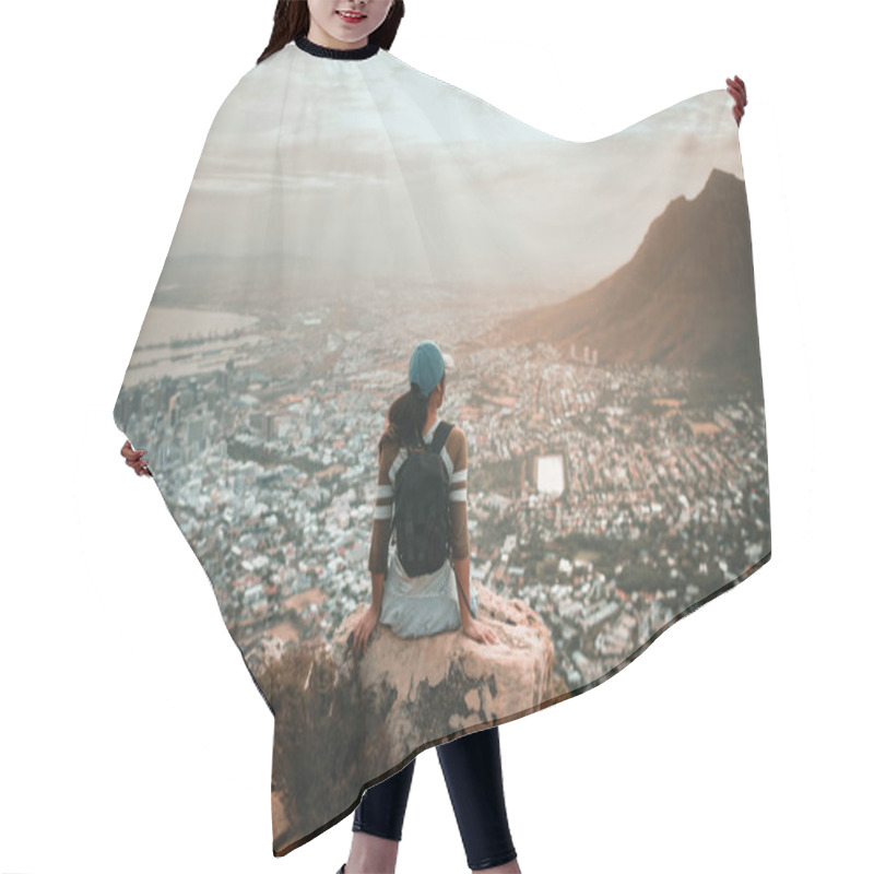 Personality  Woman Hiker In Mountains Above The City  Hair Cutting Cape