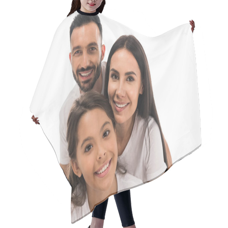 Personality  Happy Parents And Kid In White T-shirts Isolated On White  Hair Cutting Cape