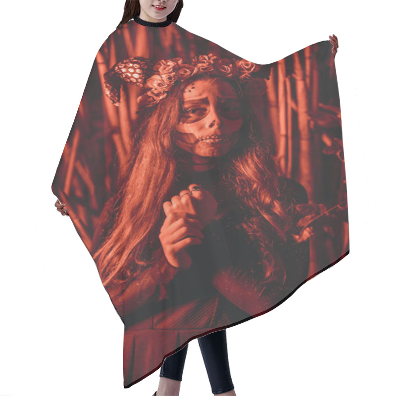 Personality  Portrait Of Young Woman With Scary Halloween Makeup, Day Of The Dead Theme Hair Cutting Cape