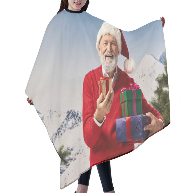 Personality  Jolly White Bearded Santa Posing With Presents With Snowy Mountain Backdrop, Winter Concept Hair Cutting Cape