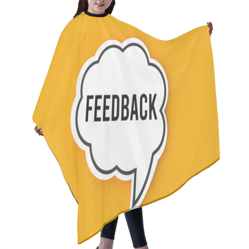 Personality  Feedback Concept Written In A Speech Bubble. Yellow Background, Illustration. Hair Cutting Cape