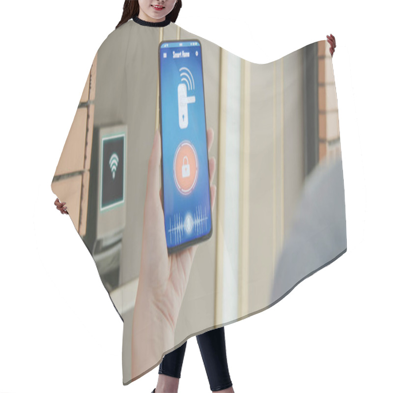 Personality  Smart Home Concept - Close Up Of Asian Woman Using Voice Assistant On Cellphone To Open Electronic Lock Hair Cutting Cape