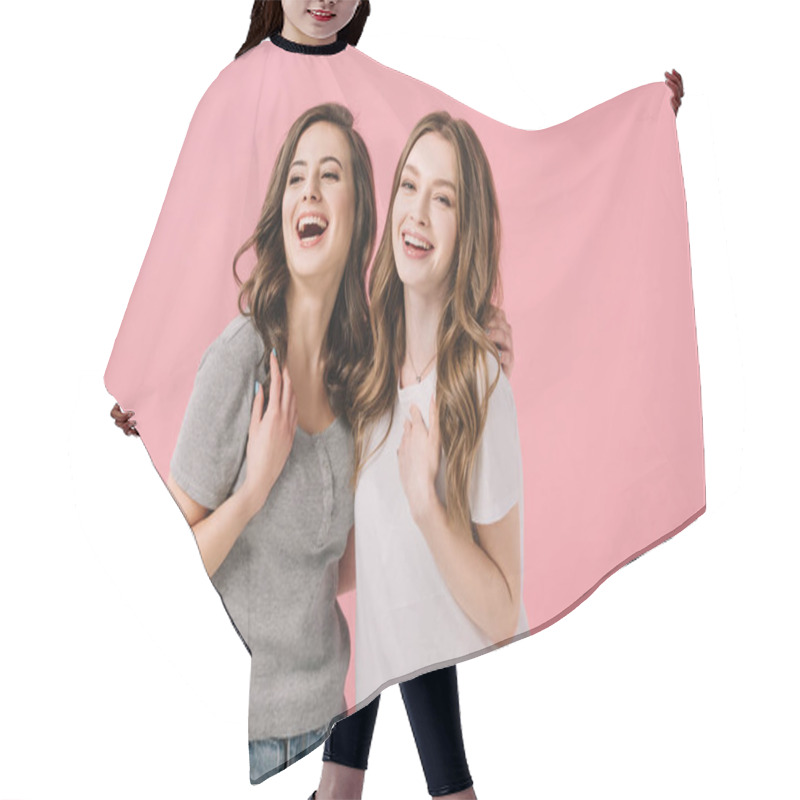 Personality  Attractive And Smiling Women In T-shirts Looking At Camera Isolated On Pink Hair Cutting Cape