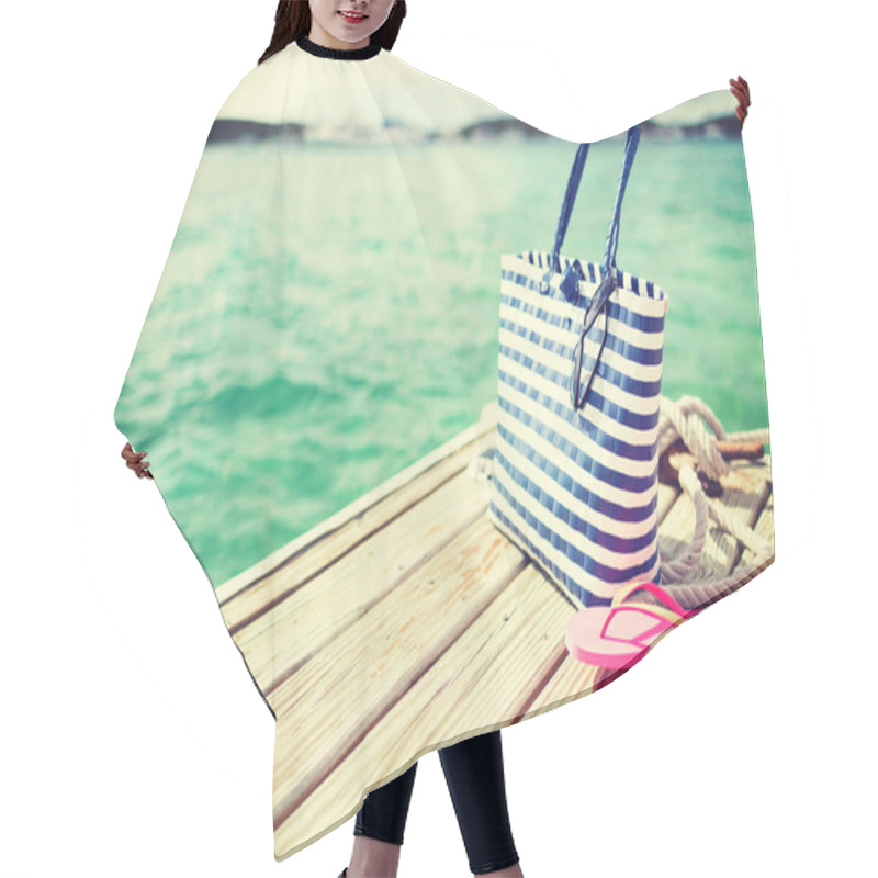 Personality  Close Up Of Beach Accessories On Wooden Pier Hair Cutting Cape