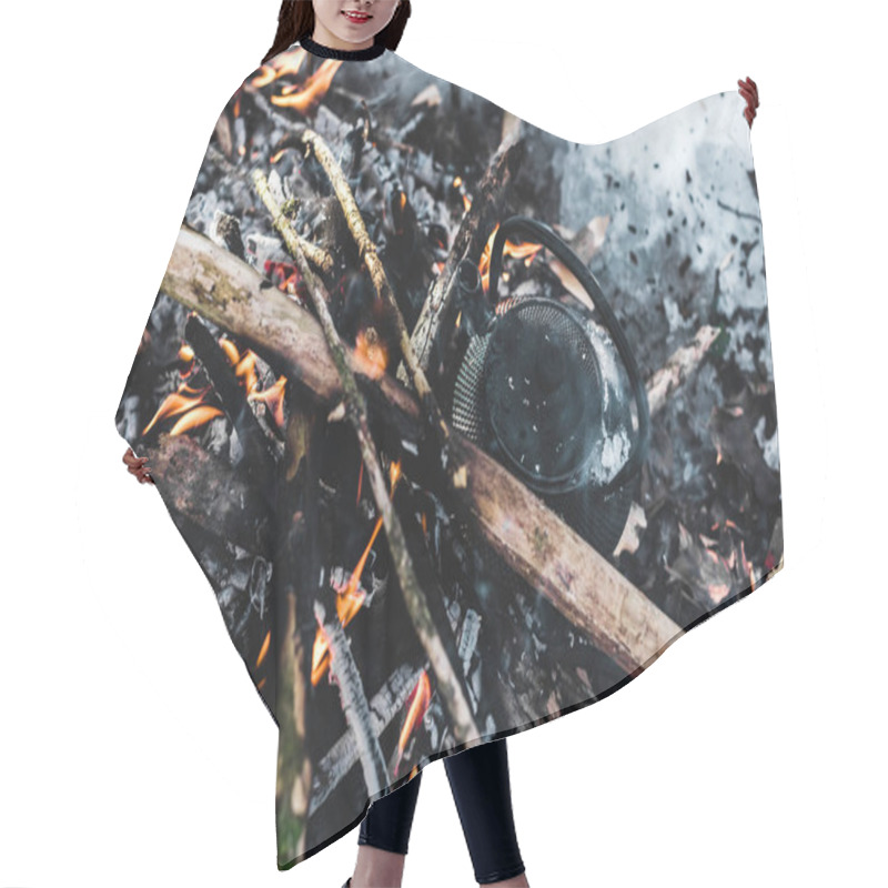 Personality  Top View Of Kettle With Smoke On Bonfire In Winter Forest Hair Cutting Cape