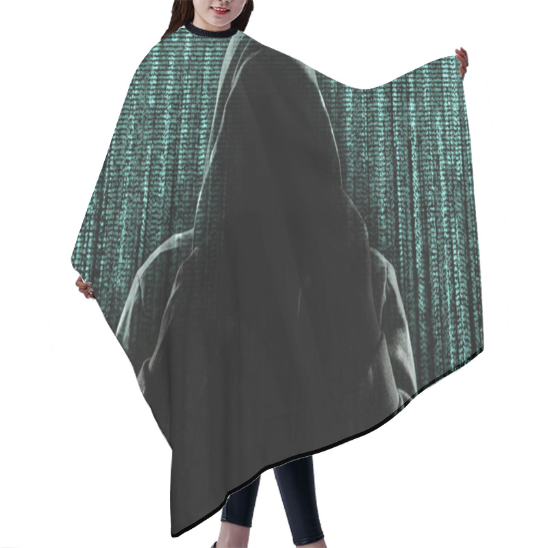 Personality  Dark Silhouette Of Cyber Criminal Against Background With Digital Symbols Hair Cutting Cape