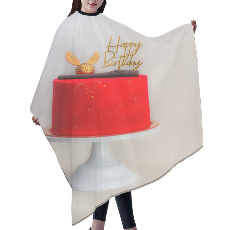 Personality  Red Painted Frosted Cake With Golden Topping Isolated On White Background Hair Cutting Cape