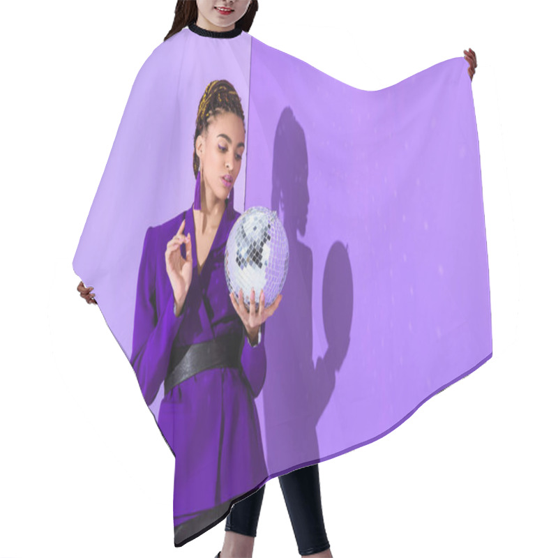 Personality  Elegant African American Girl In Purple Jacket Holding Disco Ball At Ultra Violet Wall  Hair Cutting Cape