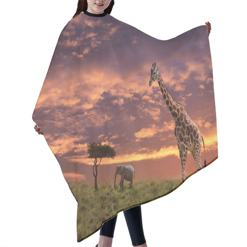 Personality  African Sunset Background With Silhouette Of The Animals Hair Cutting Cape