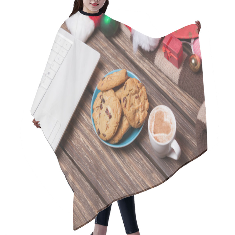 Personality  Laptop And Cookies Wuth Cup Of Coffee Near Christmas Gifts. Hair Cutting Cape