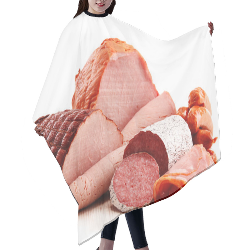 Personality  Meat Products Including Ham And Sausages Isolated On White Hair Cutting Cape